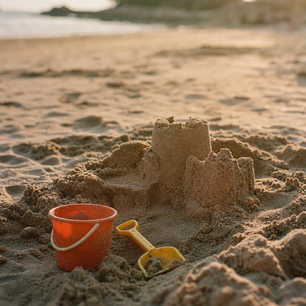 Sandburg am Strand mit Eimer und Schaufel