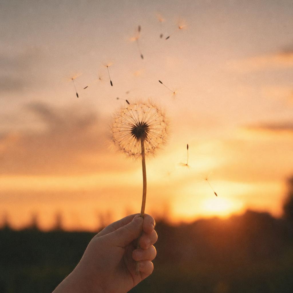 Hand hält Pusteblume im Sonnenuntergang