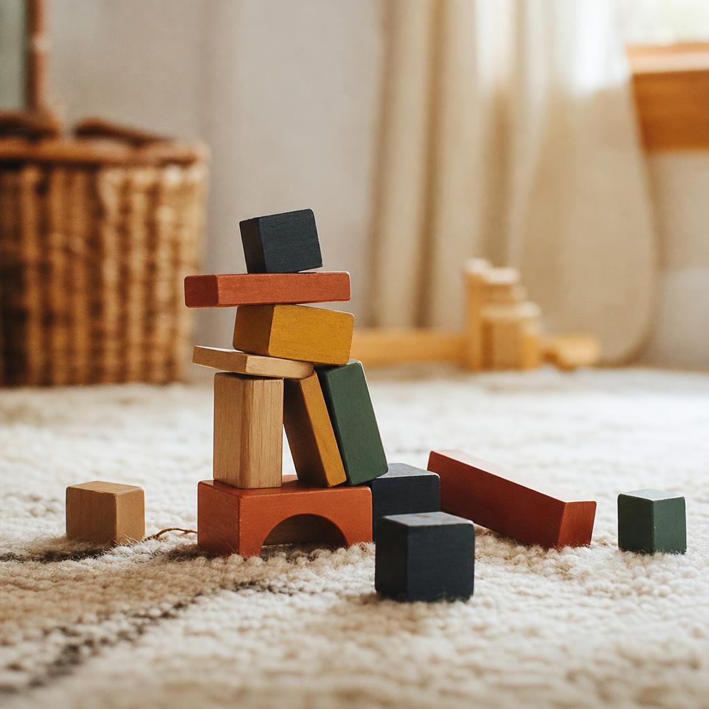 Bunte Holzbauklötze auf Teppich